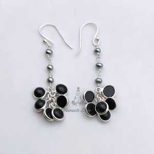 925 Sterling Silver Dangle <b>Earrings</b> Handmade Flower-Shaped Freshwater <b>Grey</b> <b>Pearl</b> and Black Onyx Unique Jewelry - Product Image 2