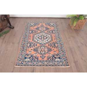 Alfombra Turca Vintage de 3.2x4.9 pies, Alfombra de Lana con Puntos Azules - Product Image 1