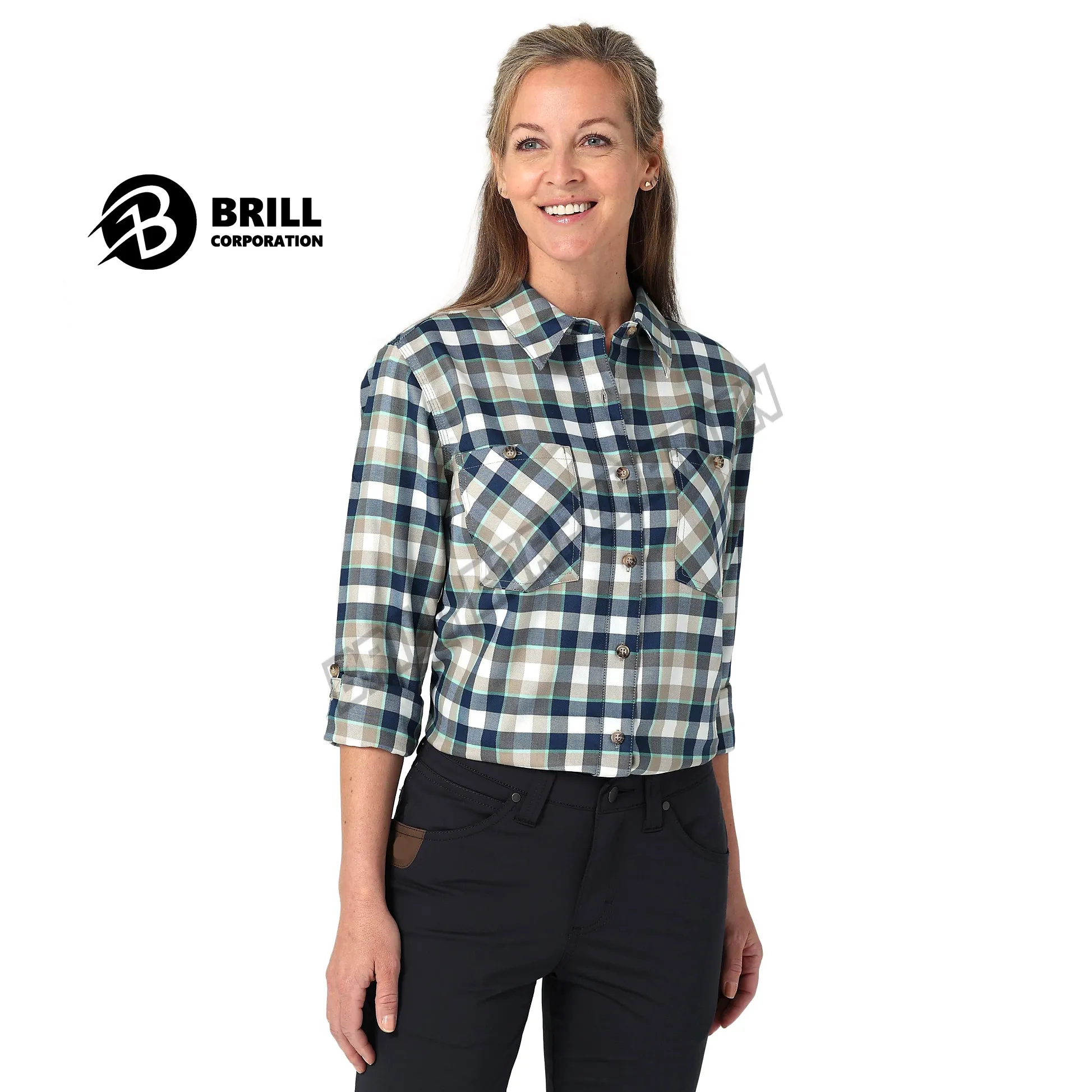 Camicia di flanella di dimensioni Standard con colletto rovesciato a maniche lunghe per donna |