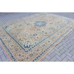 Tapis vintage surdimensionné 13,1 x 9,5 pieds, tapis turc en laine bleu et marron à bordures - Product Image 2