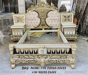 Neo Classic <b>White</b> Gold Theme Bedroom Furniture Crown Style <b>Headboard</b> Bed With Side Stools Luxury Modern Style Bed With SideStool - Product Image 2