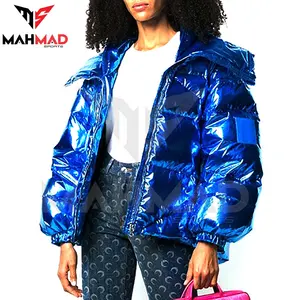 เสื้อแจ็คเก็ตปักเป้าสั้นมีฮู้ดสำหรับผู้หญิง,เสื้อแจ็คเก็ตแบบซิปหน้ามีซิปสีฟ้าแวววาวแจ็คเก็ตสกี