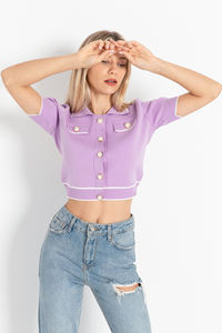 Woman Knitwear Crop Cardigan <b>Short</b> <b>Sleeve</b> Buttoned Polo Neck Custom <b>Knitting</b> Elastic Cardigan ODM OEM Services - Product Image 6