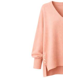 Customized Peach Pink Womens Oversized Knit Sweater V Neck Button Side Slit Design Soft Winter Pullover Casual Loose Fit Top - Product Image 3