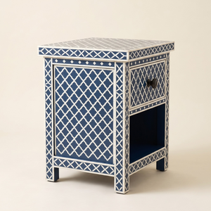 Table de chevet haut de gamme bleu marine avec incrustations en os, 1 tiroir, étagère ouverte, treillis marocain, meuble de chambre fait main, table de chevet - Product Image 4