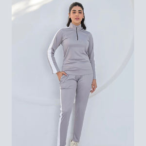 Survêtement de course à pied femme hiver 100% coton grande taille avec fermeture éclair et coutures contrastées bas amples - Product Image 1