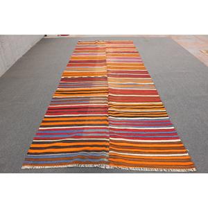 Alfombra Turca Kilim de 5.1x13.4 pies, Alfombra Vintage de Lana con Diseño de Cuadros Naranja - Product Image 1