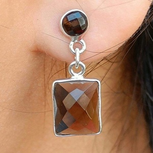 Boucles d'oreilles pendantes en quartz fumé : Bijoux en argent sterling, pierre de naissance de novembre - Product Image 2
