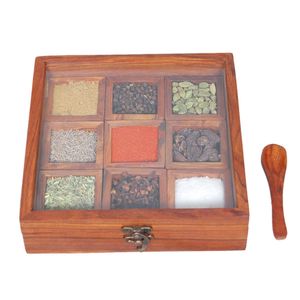 Boîte de rangement pour épices Masala en laiton, 9 compartiments carrés en bois, avec cuillère incluse. - Product Image 2
