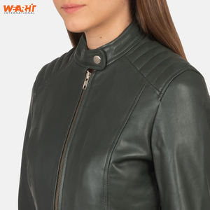 Chaqueta verde ajustada de cuero genuino para mujer de estilo motorista moderno, ropa de abrigo transpirable con cuello levantado y cierre de cremallera - Product Image 1