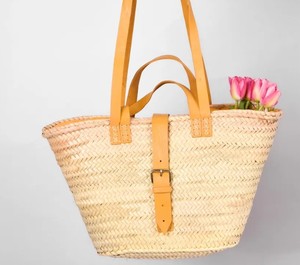 Panier de marché en paille tissé à la main avec poignées en cuir, style français, sac fourre-tout, sac en palmier marocain, marché fermier - Product Image 3