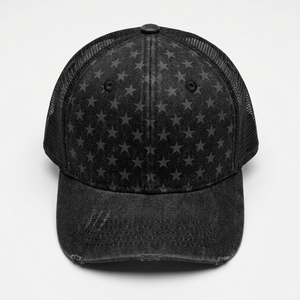 Black Vintage Trucker Cap with <b>Star</b> Pattern Mesh <b>Fabric</b> Adjustable Unisex Casual Hat 6-Panel Design Washed Denim Finish Common - Product Image 1