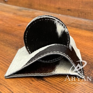Wholesale Non-slip Genuine Leather Round Kitchen Supplies Cowhide Placemat Cup <b>Mat</b> Table Coaster Set with Stand for Dining Table - Product Image 1