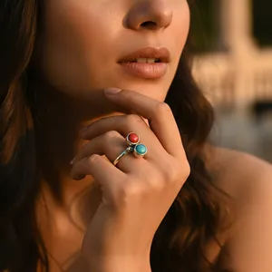 Romantic Women's 925 Silver <b>Ring</b> with Red & Blue Gemstones Rhodium Plated Bezel Set Ruby <b>Dainty</b> Style - Product Image 2