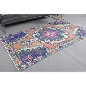 Tapis vintage 4,1x7,5 pieds, tapis turc, tapis en laine à bordures bleues - Product Image 1