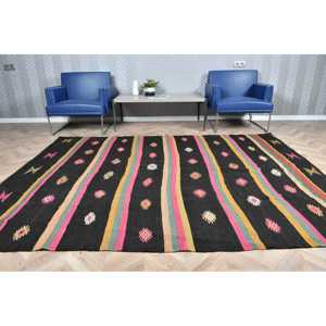 พรมตุรกีขนาดใหญ่ 6.6x8.7 ฟุต พรมวินเทจสีดำชมพู พรมขนสัตว์แบบตะวันออก - Product Image 3