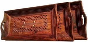 Bandeja DE SERVICIO DE MADERA multiusos con trabajo de latón, platos de servicio para fiestas, comida y té Bandejas decorativas de madera para café - Product Image 6