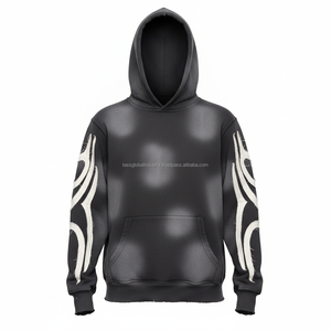 Customisable Unisex Winter Zip-Up Hoodie Digital Printing Badge Tassel Latest Design Distressed 3D Embroidery <b>Sun</b> Fade Oversized - Product Image 5
