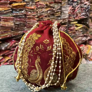 Hecho a mano para mujer, pavo real bordado dorado, Potli, estilo de moda, recuerdo de boda Vintage, regalo de devolución para invitados, estilo indio - Product Image 1