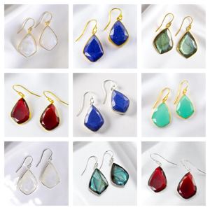 Piedra preciosa labradorita de piedra natal, 23x12 MM, conjunto de bisel en forma de hoja, pendientes de gota chapados en oro, pendientes personalizados, joyería para mujer - Product Image 3