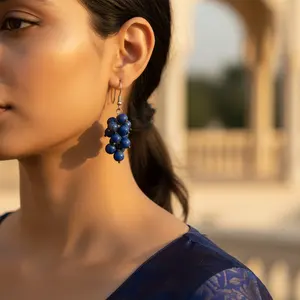 Boucles d'oreilles à crochet en argent 925 pour femmes, boucles d'oreilles pendantes à perles de lapis-lazuli tendance - Product Image 1