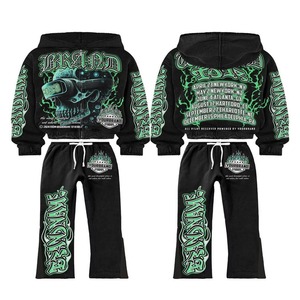 Personalizado peso pesado desgastado bordado Sunfaded Stripes Zip up ácido lavado Sudadera con capucha Flare pantalones de chándal conjunto Vintage chándal - Product Image 3