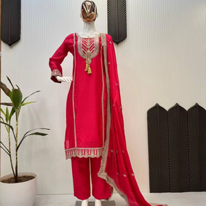 DISEÑADOR CORDÓN SECUENCIA BORDADO TRABAJO TOP Y PANTALÓN CON DUPATTA - Product Image 1