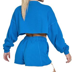 Sweat-shirt à manches longues pour femmes 100% coton col rond court pull de sport avec doublure - Product Image 3