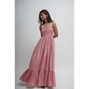 Women Pink <b>Short</b> Sleeve Floor-Length Tiered Ruched Bodice Cotton Natural Washable Summer Casual Resort Wear <b>Dress</b> - Product Image 2