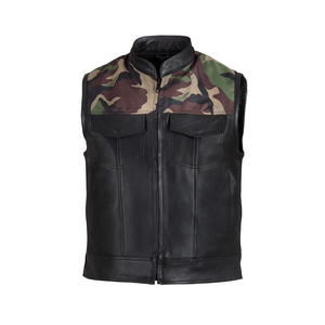 Gilet de motard en cuir véritable pour homme, col en V, fermeture éclair, sans manches, respirant, vêtement d'extérieur d'hiver avec poches - Product Image 1