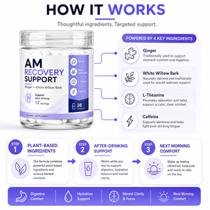 Cápsulas de Apoyo para la Recuperación <span class=keywords><strong>AM</strong></span> con Jengibre, Corteza de Sauce Blanco, L-Teanina, Cafeína, Suplemento para el Alivio de la Resaca Post-Consumo de Alcohol - Product Image 3