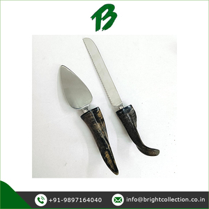 Ensemble de couverts durables au design moderne avec manche en corne naturelle Ensemble de couteaux de serveur de gâteau en acier inoxydable pour mariage vintage - Product Image 2