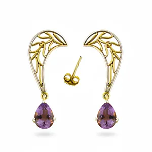 Boucles d'oreilles pendantes en améthyste plaqué or 18 carats pour femme, design aile vintage, sertissage griffe, bijoux de mode - Product Image 1