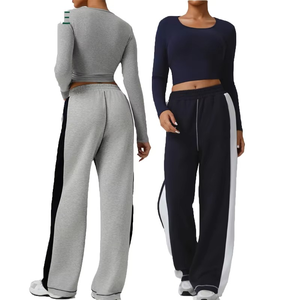 Pantalons de yoga d'hiver de style streetwear athlétique avec tissu en toile, design à cordon de serrage, couleur unie, jambes larges et poches latérales - Product Image 1