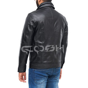 Veste en cuir noire élégante à fermeture éclair sur le devant, conçue avec plusieurs poches fonctionnelles et un col à revers - Product Image 6