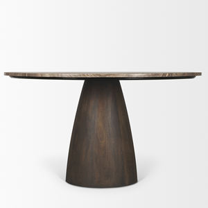 Solid Mango Wood & Marble <b>Round</b> Shape Dark Brown Cappuccino Marble Top Pedestal Wood Base Natural Colors Kitchen <b>Dining</b> <b>Table</b> - Product Image 3