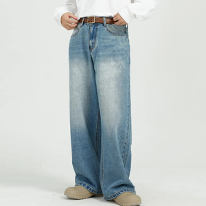 Dizzah กางเกงยีนส์ขาตรงสำหรับผู้ชายกางเกงขาบานผ้าฝ้ายสีฟ้าทรงหลวมพอดีตัวกางเกงขากว้างลายสีพื้น - Product Image 5