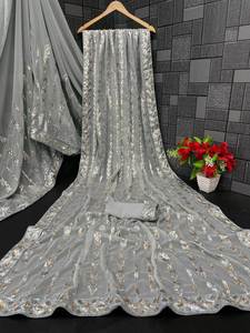 Sari de seda de diseñador, diseño exclusivo, última colección con bordado, trabajo pesado, ropa de fiesta nupcial, étnica - Product Image 5