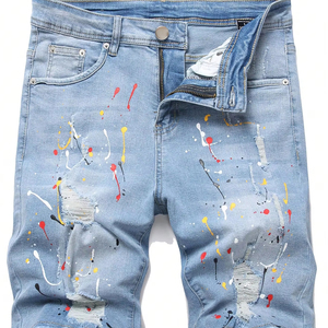 Men's High Waisted Distressed Long Jeans Color Printed Ripped Details Trendy Summer Casual <b>Fashion</b> for Youth men's shorts - Product Image 6