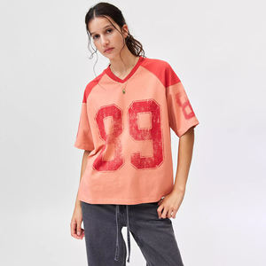 Camiseta de Jersey Vintage de gran tamaño para mujer, Camiseta 100% de algodón con estampado de números, ropa de calle con Panel de contraste, camiseta con logotipo personalizado de estilo deportivo Retro - Product Image 1