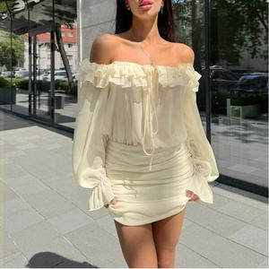 Flirty Innocent French Off Shoulder Tiered Ruffle manga larga drapeado ajustado Bodycon vestido primavera otoño estilo <span class=keywords><strong>de</strong></span> vendaje adelgazante - Product Image 1