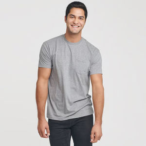 T-shirt à manches courtes et bord festonné allongé pour homme et homme T-shirt à poche en coton épais pour adulte Gris chiné - Product Image 2
