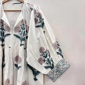 Haute qualité femmes robe mi-longue bohème coton Floral main bloc imprimer ample parfait été décontracté tunique courte cadeau parfait - Product Image 3