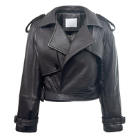 Veste moto en cuir véritable pour femme, style court, col ouvert, manches longues, veste d'automne