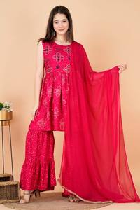 Magnifique Kurti en rayonne à motif peplum rose avec ensemble Sharara et Dupatta pour femmes et filles, Kurti brodé Palazzo - Product Image 4