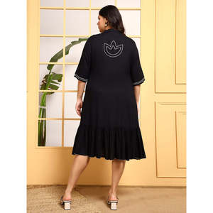Deebaco Women's Black Plus <b>Size</b> Embroidered Shirt <b>Dress</b> With Bows Pattern Knee-Length Casual Mandarin Collar 3/th Sleeve <b>Dress</b> - Product Image 4
