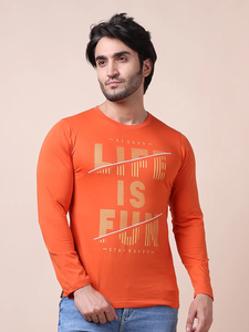 T-shirt 100% coton de haute qualité Orange avec manches longues et col rond Impression à la mode confortable Vêtements décontractés polyvalents - Product Image 2