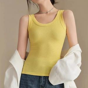 Tops cortos de algodón ajustados para mujer, camisetas sin mangas básicas con almohadilla para sujetador, ropa interior Halter informal sin mangas con cuello de punto elástico, verano 2025 - Product Image 5