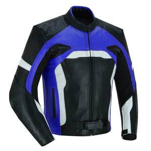 Chaqueta de motociclismo de cuero negro/azul/blanco de piel auténtica para hombre, protecciones CE, chaqueta de moto de carreras para hombre - Product Image 2