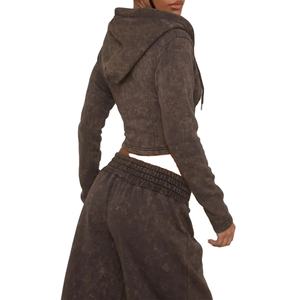 Ensemble 2 pièces côtelé pour femme, hiver, avec hauts à manches longues zippés et leggings taille haute, survêtement court délavé à l'acide 2026 - Product Image 5